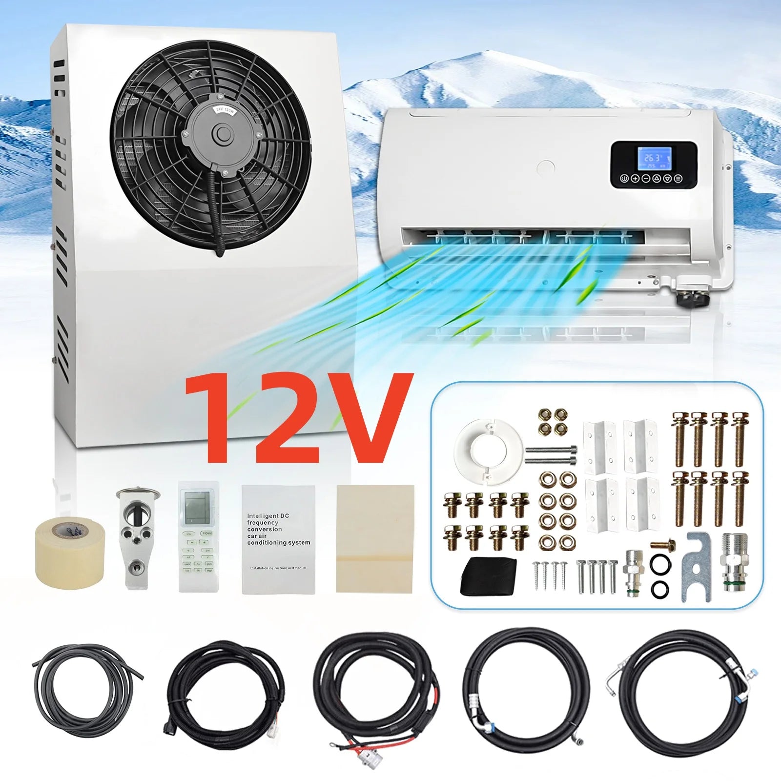 12V/24V Split Air Conditioner for Truck Van RV Camper Low Noise Fast Cooling Electric Parking Air Conditioning System 10500BTU