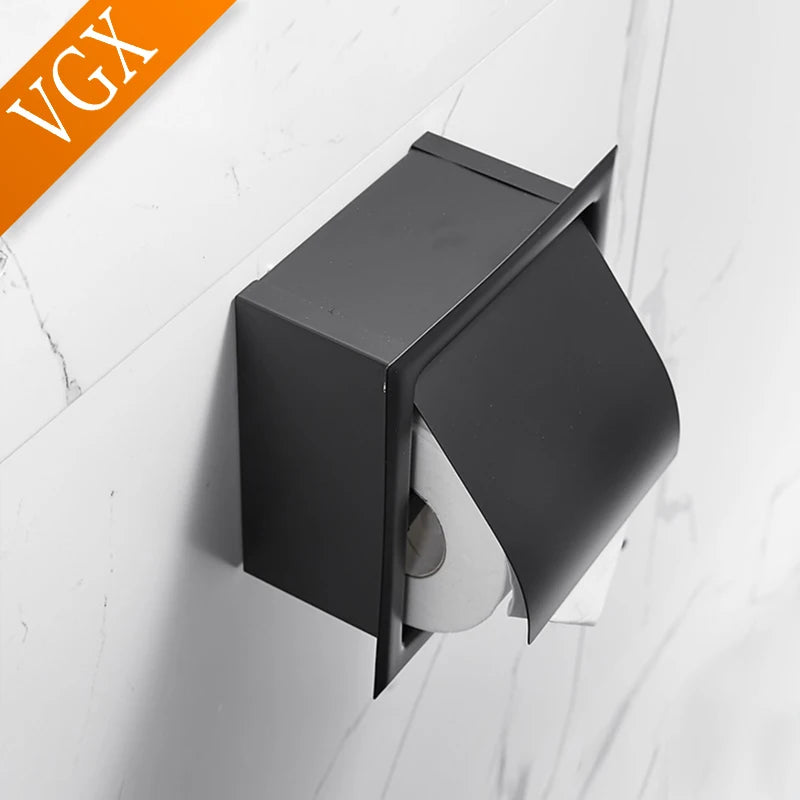 VGX Embedded Toilet Paper Holder Concealed Roll Tissue Box 304 Stainless Steel Wall Mount Bathroom Accessories Matt Black Polish