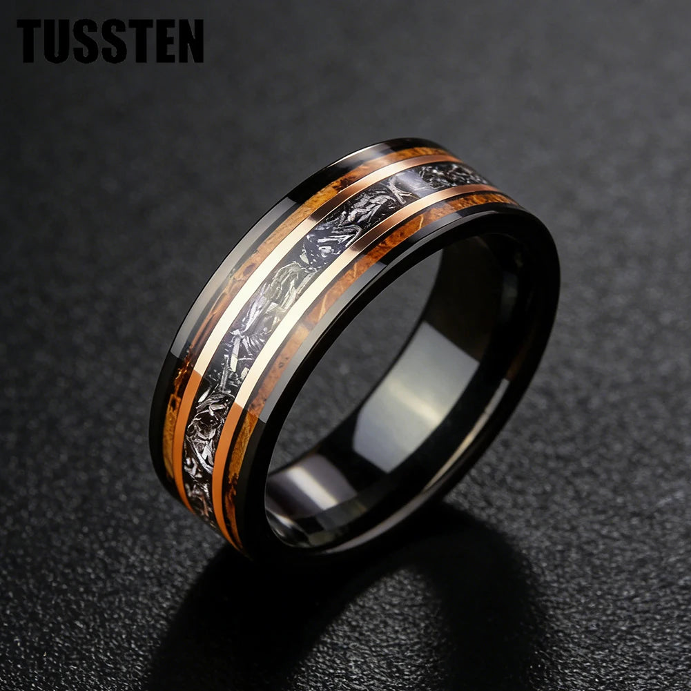TUSSTEN 8MM Men's and Women's Wedding Tungsten Ring Inlaid Wood And Meteorolite Inlay Comfortable Fit