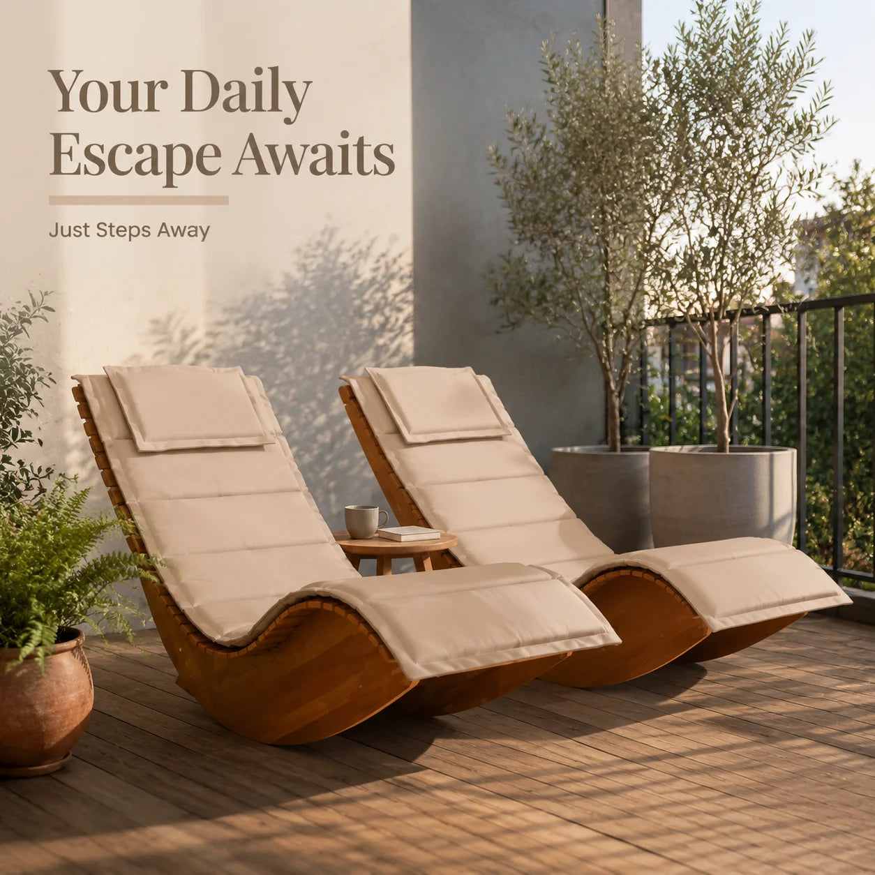 Rocking Loungers with Cushions Set of 2 Solid Acacia Wood Outdoor Chaise Lounge Chairs Patio Garden