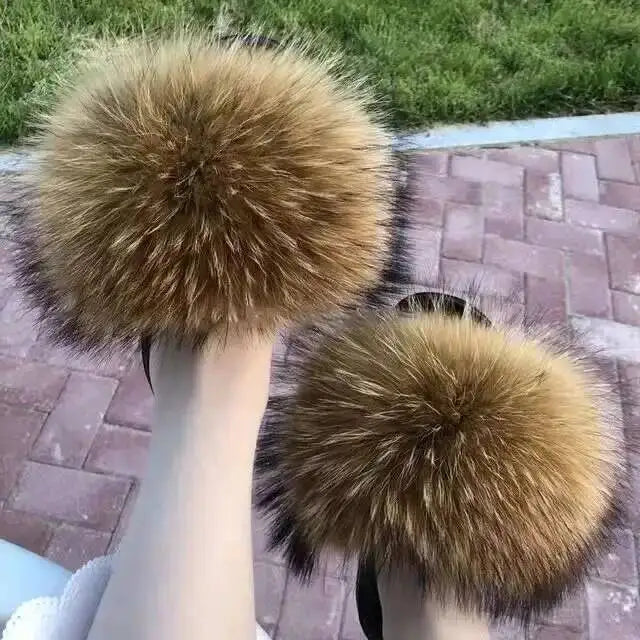 Real Raccoon Fur Slippers For Women 2023 Summer Fluffy Indoor House Fuzzy Flat Slides Outdoor Fashion Beach Sandals Flip Flops
