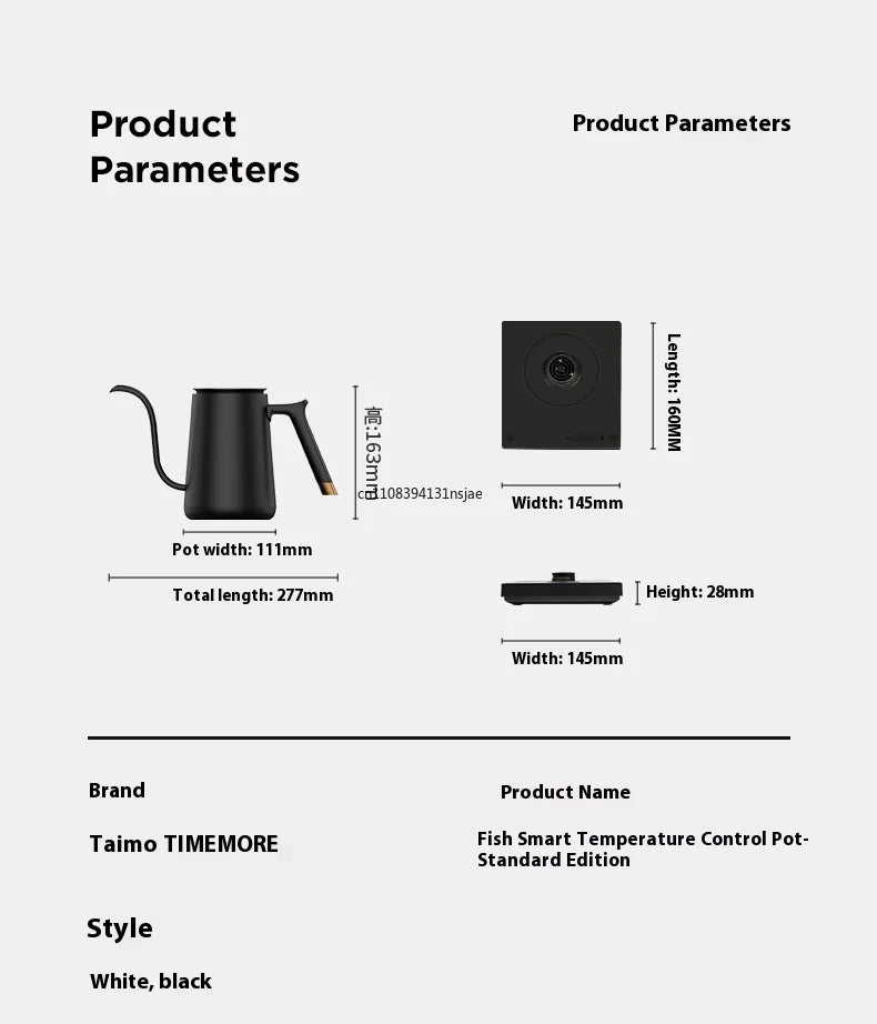 2026 Timemore Fish Smart Electric Pour Over Kettle 600ml 220v Fine Mouth Temperature Control Customize Hand Brew Coffee Pot