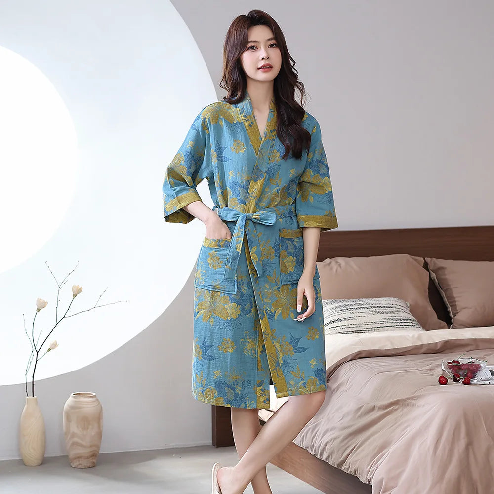 Spring and Summer Thin Cotton Double-layer Bathrobe Pajamas Home Wear Ladies's Absorbent Quick Drying Yukata Robes