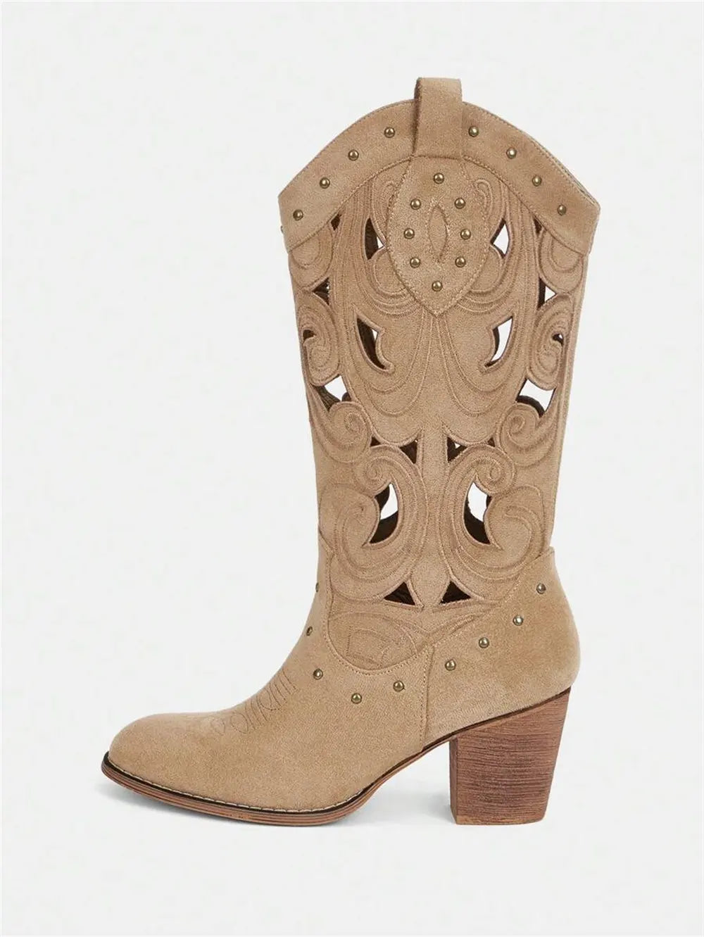 2026 Women's Summer Retro Round Toe Chunky Heels Vegan Suede Western Boots with Hollow Design and Rivets Cowboy Boots Shoes