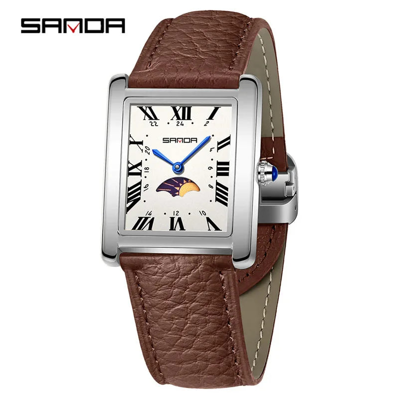 SANDA 9122 Elegant Women's Quartz Watch Classic Square Dial Moon Phase Waterproof Leather Strap Retro Business Watches for Woman
