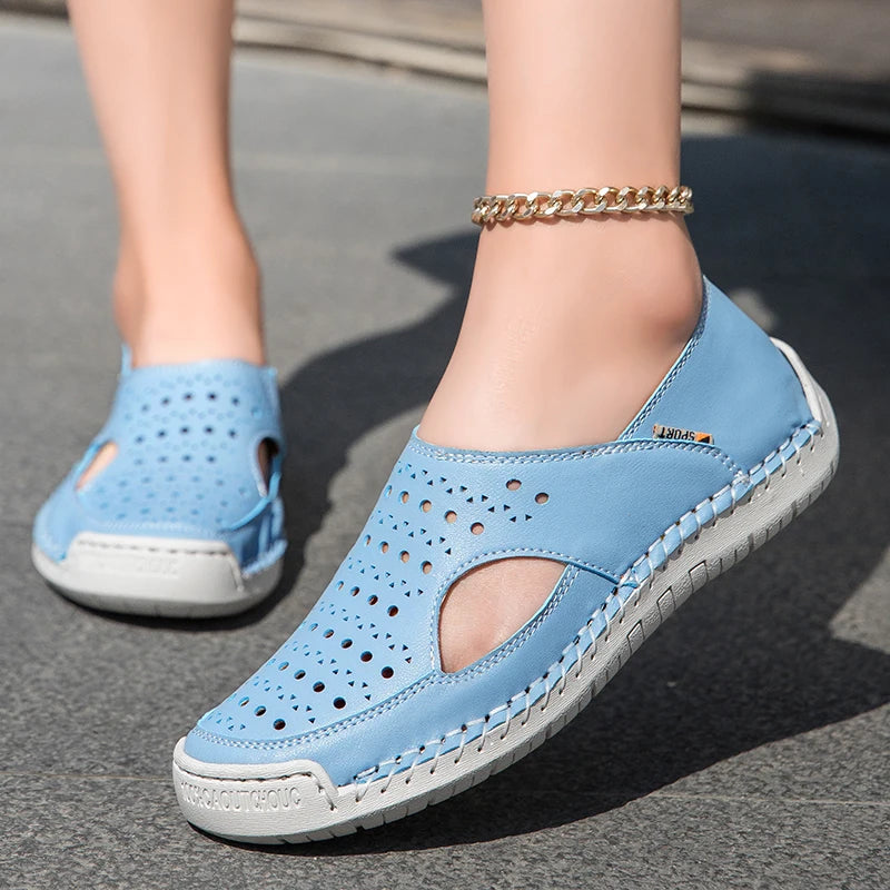 Unisex Sandals Hand Sewn Leather Hollow Out Outdoor Casual Shoes Comfortable Soft Summer Fashion Street Walking Shoes Women