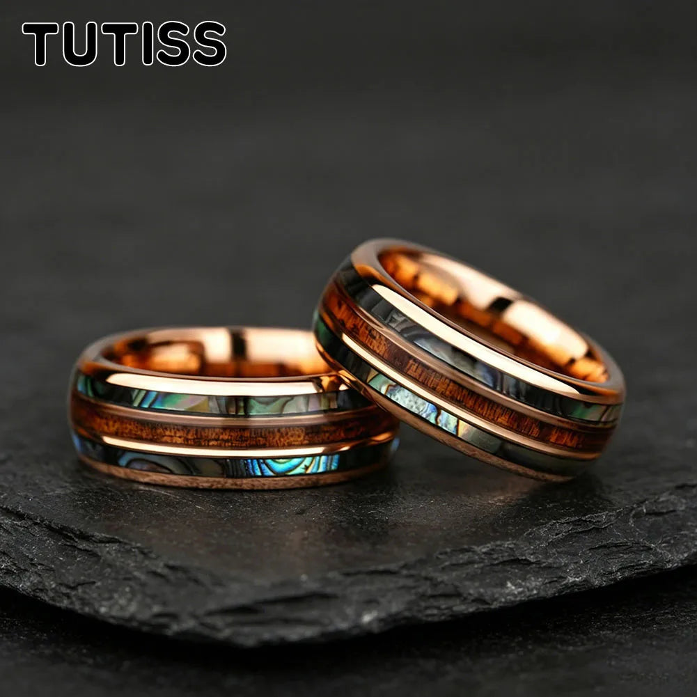 8mm Whiskey Barrel Abalone Shell Inlaid With Rose gold Tungsten Wedding Ring, Polished Edge, Couple Engagement Anniversary Gift