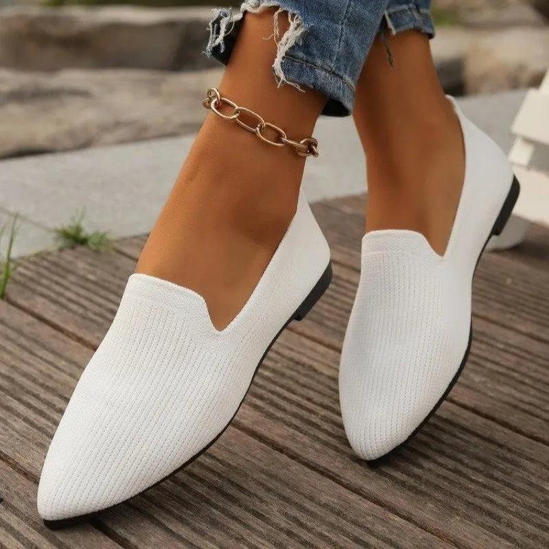 New Women Solid Color Pointed Head Mesh Loafers Shallow Woman Flats Soft Bottom Knit Ballet Flat Shoes Casual Slip on Boat Shoes