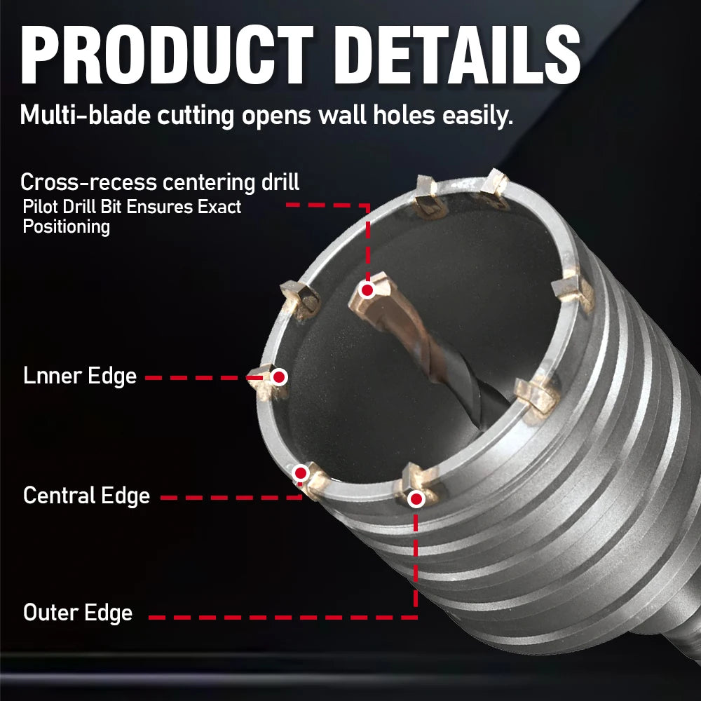 30-100mm Concrete Wall Hole Saw, SDS Plus Shank Impact Drill Bit, Suitable for Drilling Concrete, Brick, Stone and Walls