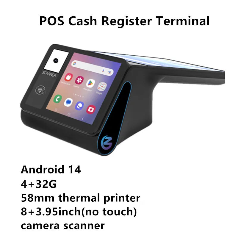 Z108 Android 14 Dual-Screen Desktop Tablet Cash Register with 8" Touch Display NFC Scanner 58/80mm Thermal Printer POS Terminal