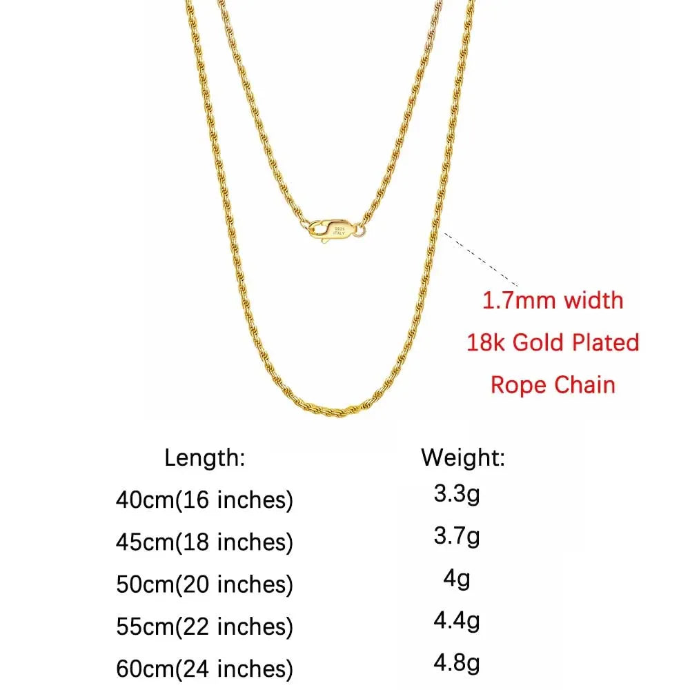 Rinntin 925 Sterling Silver Rope Chain 1.2MM 1.5MM 1.7MM 14k 18k Gold Plated Rope Chain Necklace Minimalism Jewelry Gift SC29