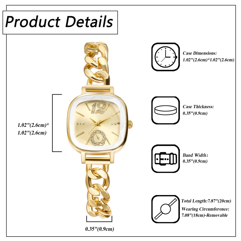 JEWELRYWE Women's Square Cuban Bracelet Watch Diamond Waterproof Strip Scale Adjustable Bracelet Exquisite Fashion Women's Watch