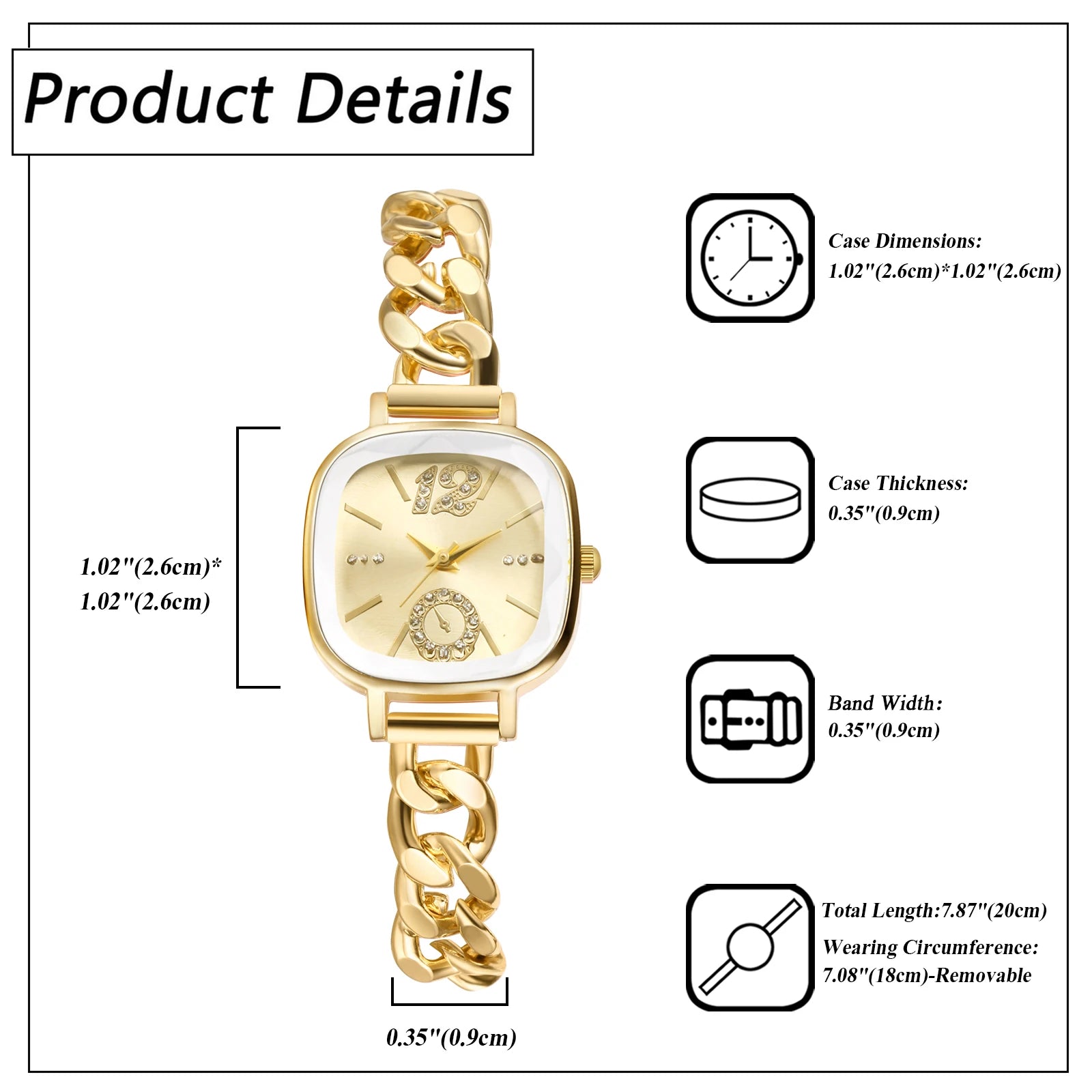 JEWELRYWE Women's Square Cuban Bracelet Watch Diamond Waterproof Strip Scale Adjustable Bracelet Exquisite Fashion Women's Watch