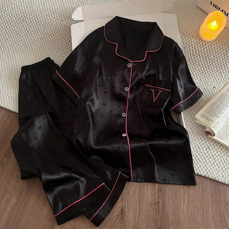 Nouveau pyjama d'été fleuri pour femme, ensemble de pyjama d'été frais à manches courtes et pantalon en soie glacée pour fille, photos réelles