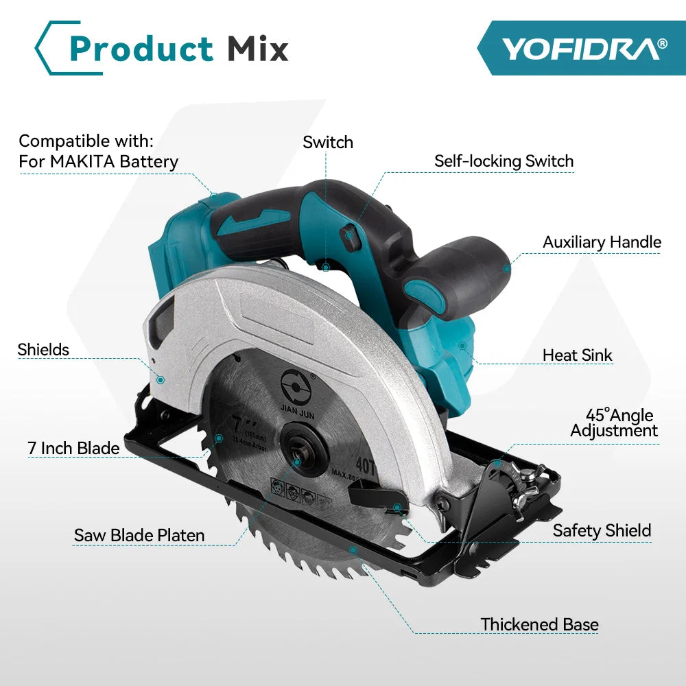YOFIDRA 10800RPM 5/7 Inch Electric Circular Saw Handheld Multifunction Rechargeable Cutting Machine For Makita Battery Pin