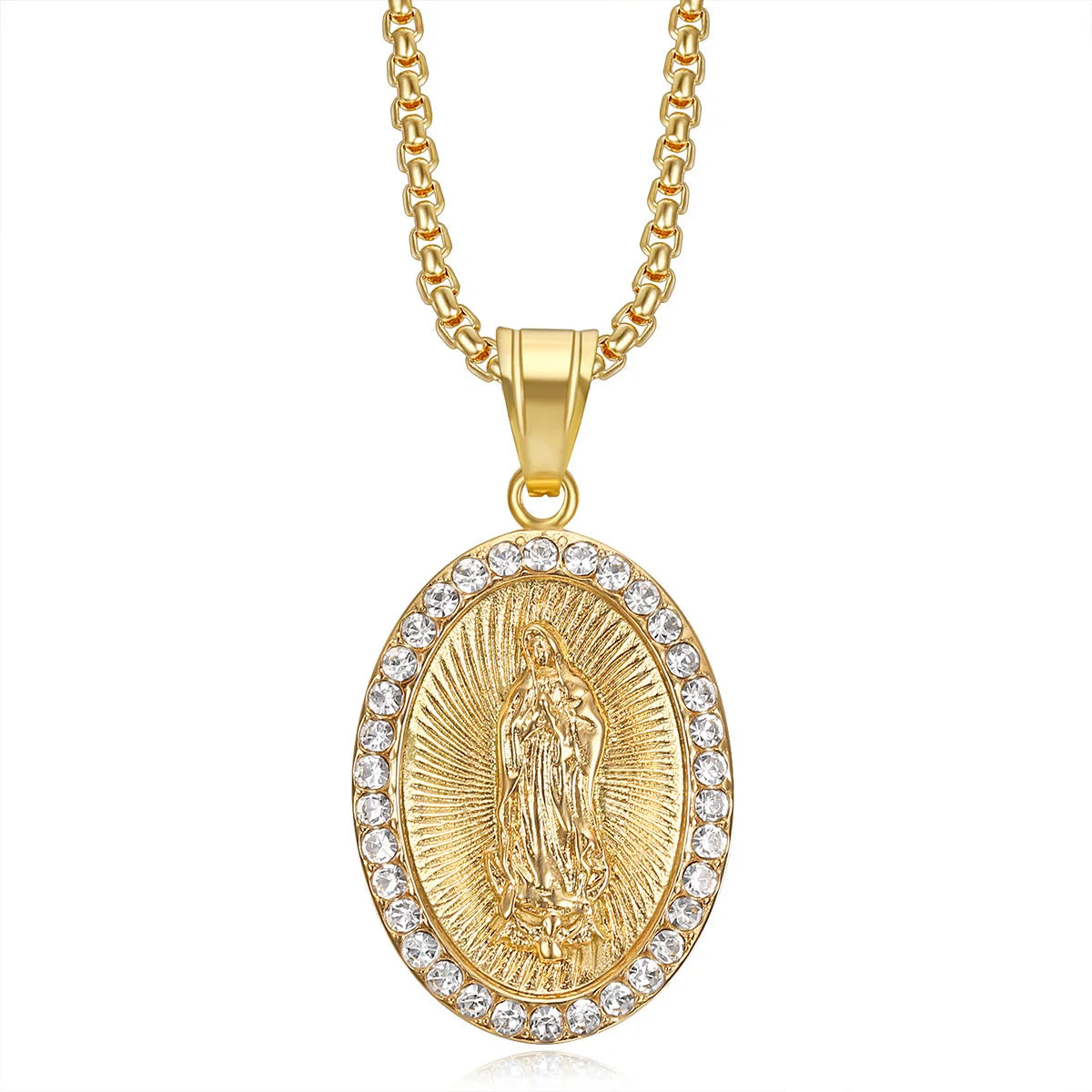 Virgin Mary Prayer Pendant Necklaces Gold color 316L Stainless Steel with rhinestone Women/Men Jewelry