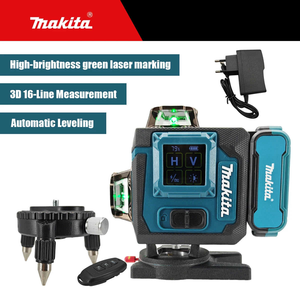 Makita Digital Laser Level 360-Degree X4 16-Line Self-Levelling Outdoor Vertical Cross-Line Tool for Precision Measurement