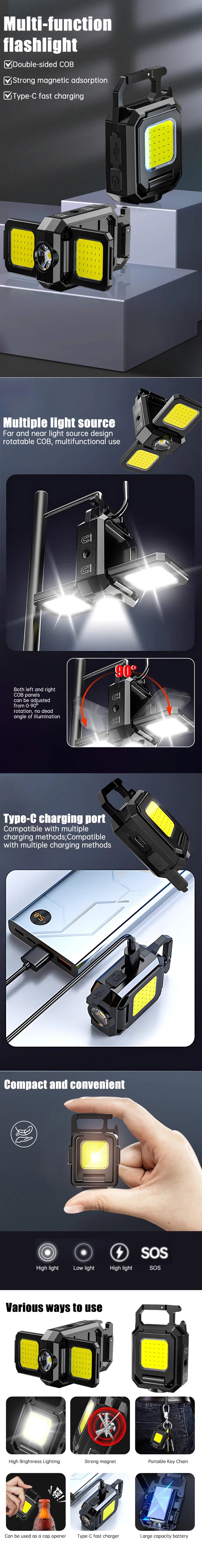 Rechargeable Keychain Flashlight Portable Mini COB Work Lights With 90° Foldable Side Lights Super Bright Flashlight for Camping