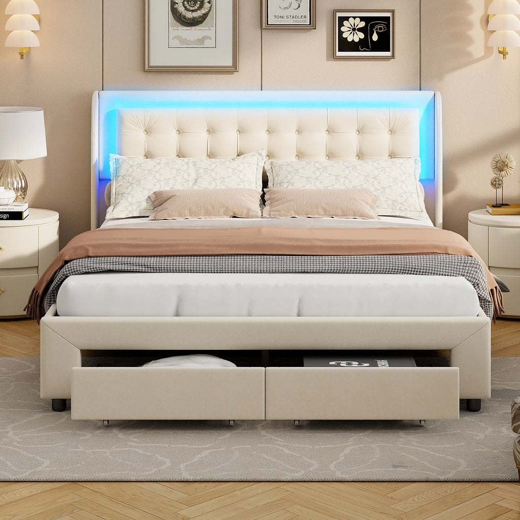 Lit double rembourré Anajqaqia 140x190 cm, lit de rangement hydraulique avec sommier à lattes, avec lumière LED et 2 tiroirs, velours, beige