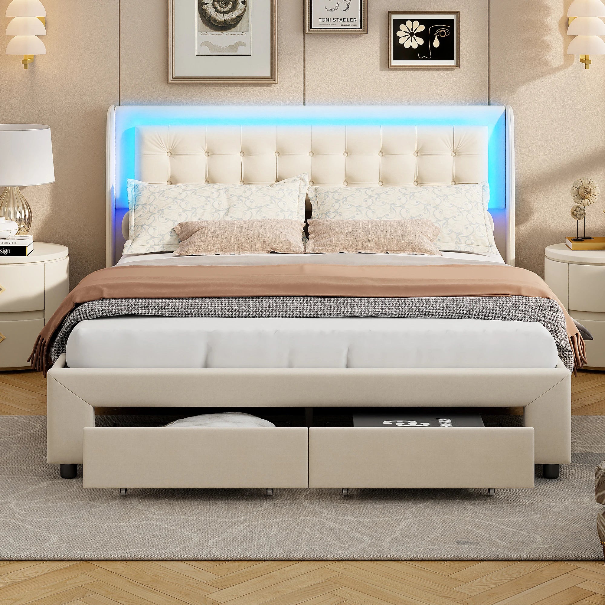 Lit double rembourré Anajqaqia 140x190 cm, lit de rangement hydraulique avec sommier à lattes, avec lumière LED et 2 tiroirs, velours, beige