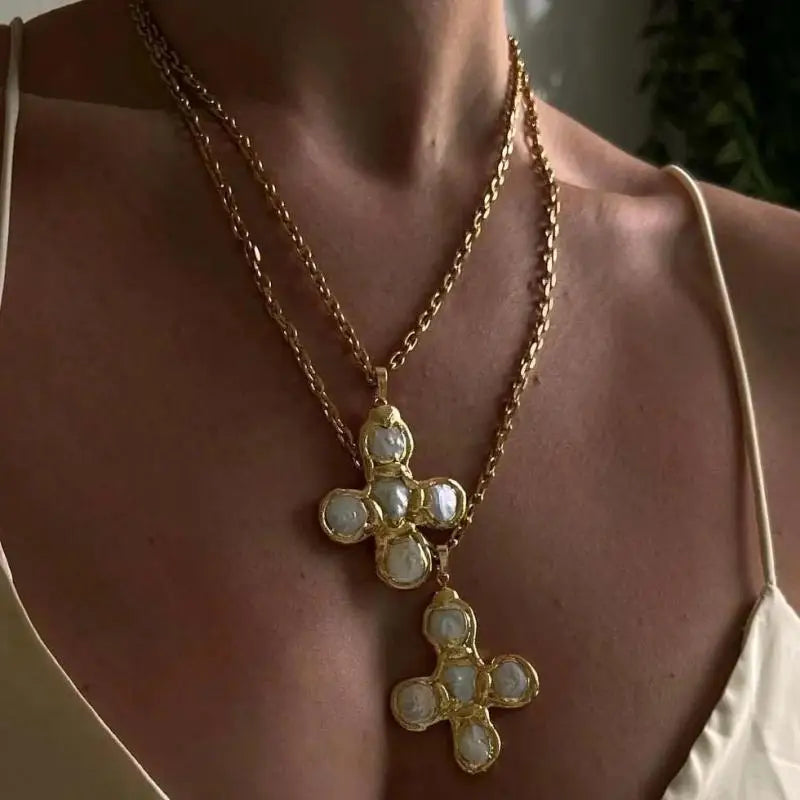 Stainless Steel Colorful Stone Cross Pendant Necklace for Men Women Punk Hiphop Drop Oil Gold Color Necklace Jewelry Accessories