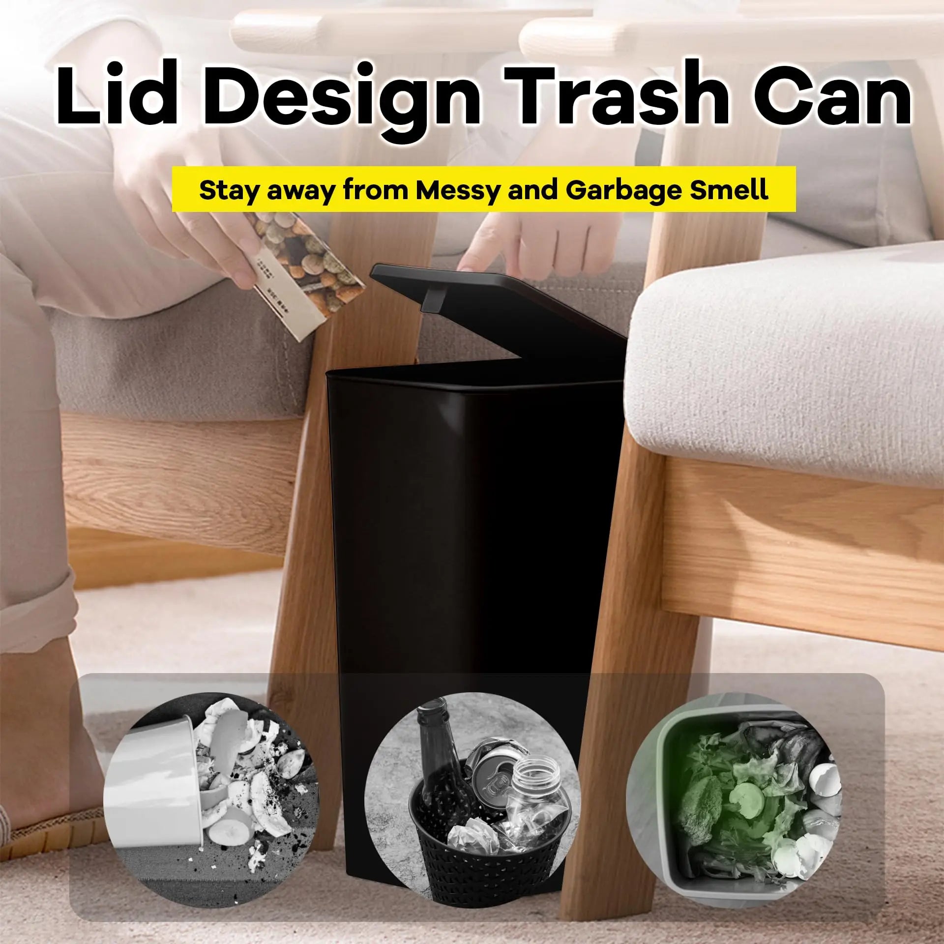 Poubelle de Salle de Bain - Petite Poubelle de 10L avec Couvercle à Pression pour Toilettes, Chambre, Salon – Corbeille en Plastique avec Couvercle Pop-up