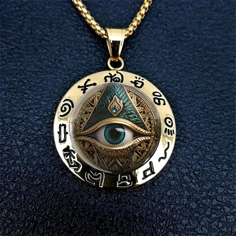Ancient Egyptian Talisman: Eye Pattern Glass & Hieroglyphic Zinc Alloy Pendant, Artifact-Style Statement Necklace.