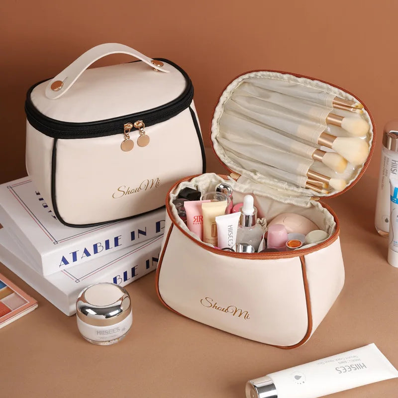 New Makeup Bag Soft PU Large Capacity Makeup Bag Storage Bag Portable Waterproof Multi layer Storage Cream like Leather