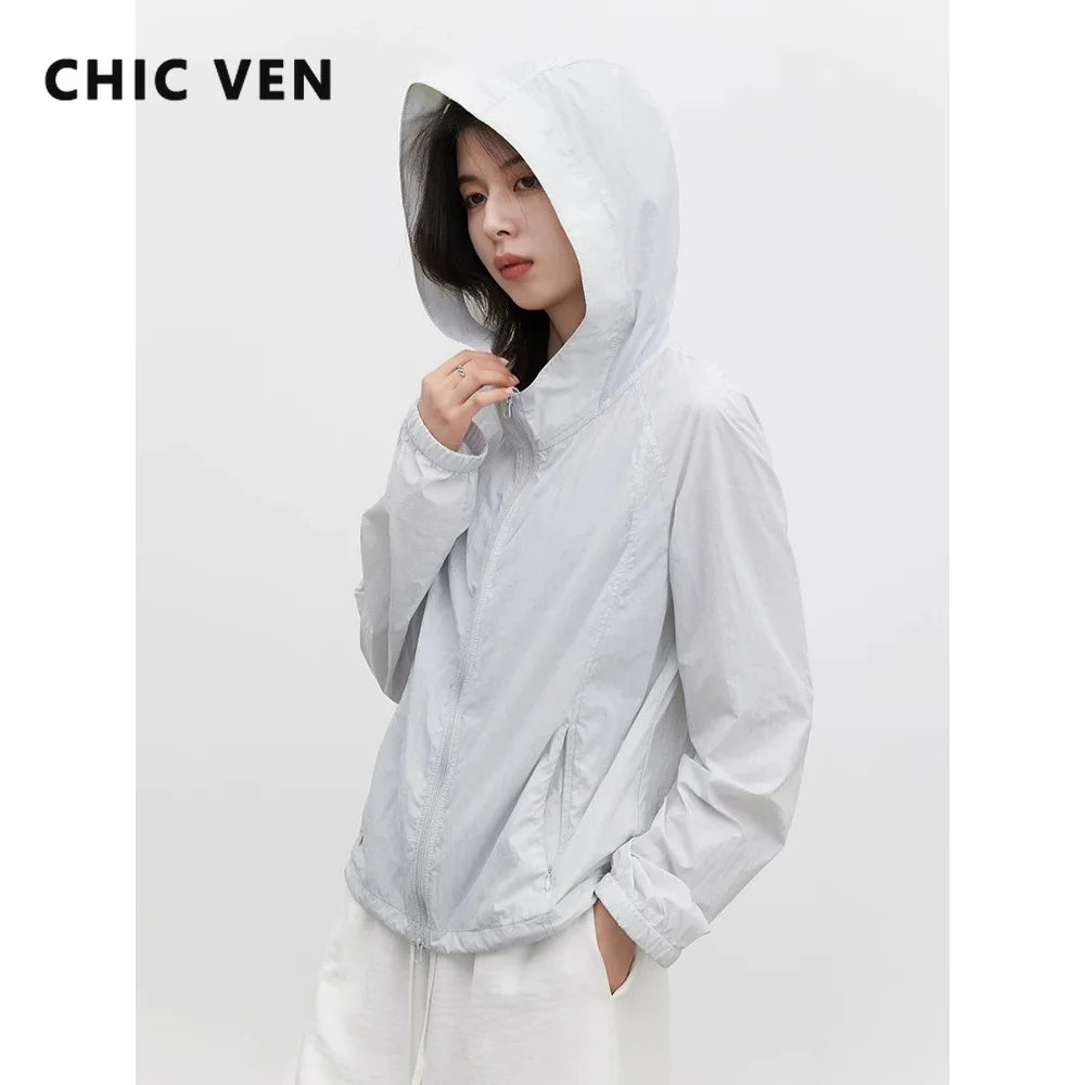 CHIC VEN Nouvelles vestes femme amples décontractées unies coupe-vent UPF50+ à capuche col montant manteau léger femme été 2026