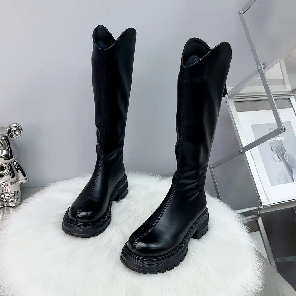 2025 Woman's Boots Autumn New Fashion Platform Long Pipe Knight Boots Casual Women's Medium Heel Knee High Boots Botas Mujer
