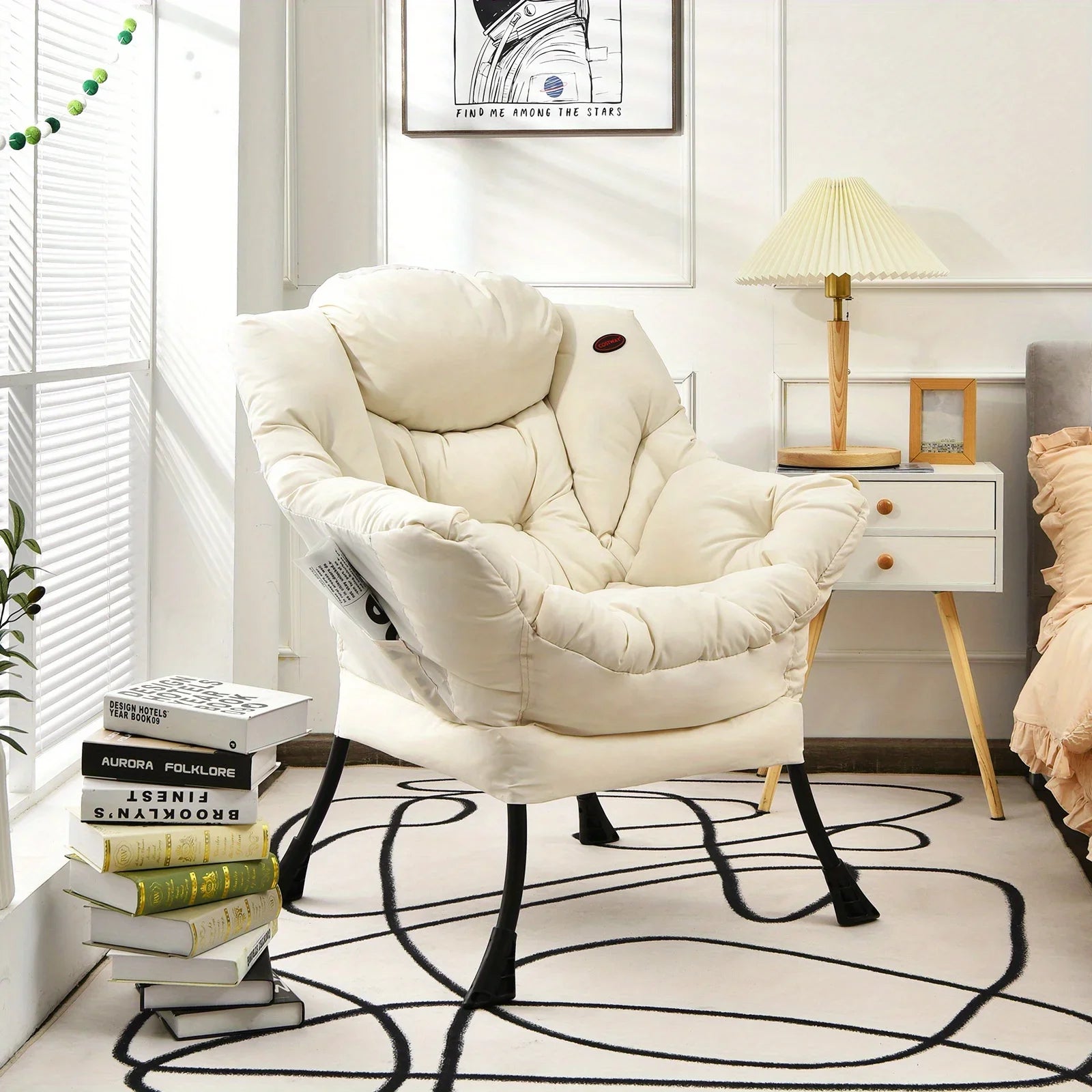 Costway Fauteuil paresseux moderne en tissu polyester, fauteuil simple avec poche latérale, beige