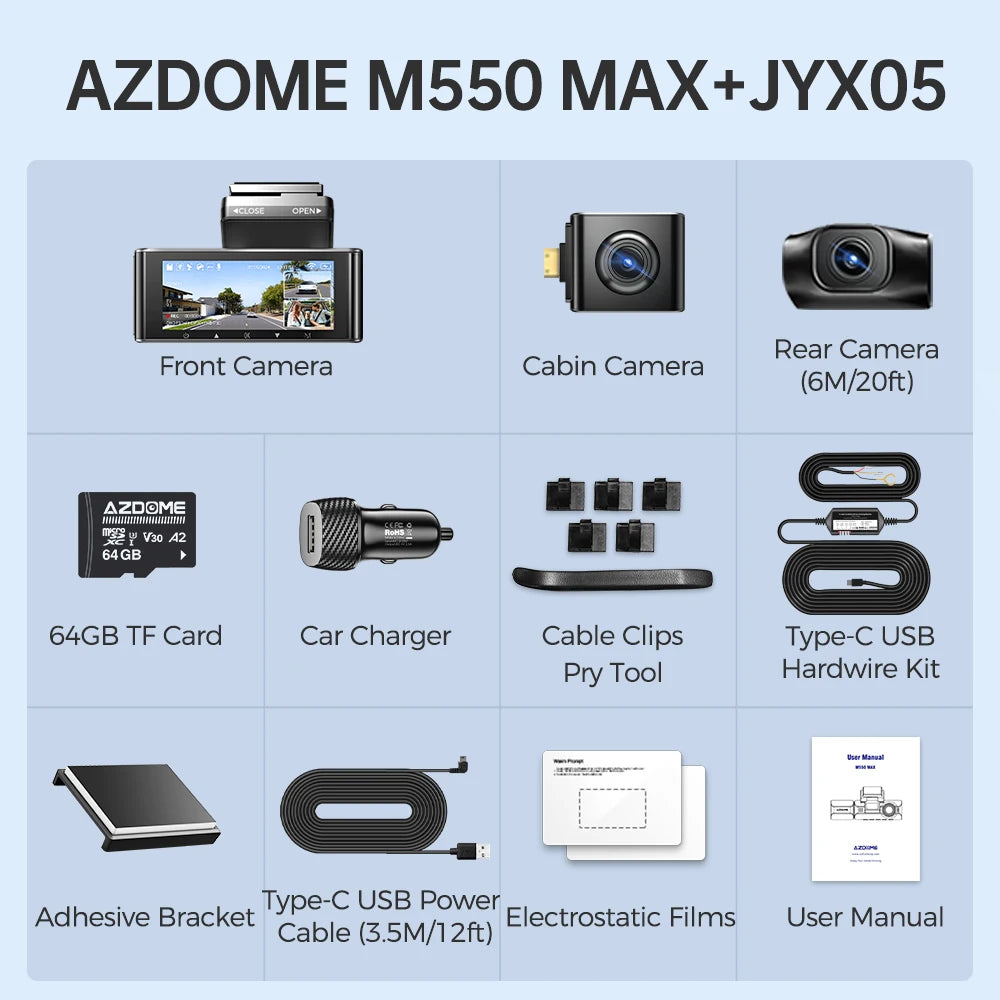 AZDOME 4K 3 Channel Dash Cam M550 Max Car Camera WiFi GPS Front and Rear Inside Recorder Car DVR IR Night Vision Parking Mode