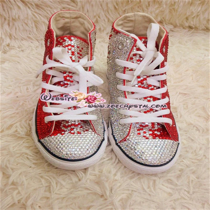High top lace up red rhinestones creative canvas shoes for women banquet wedding all casual sports big size women's shoes 35-44