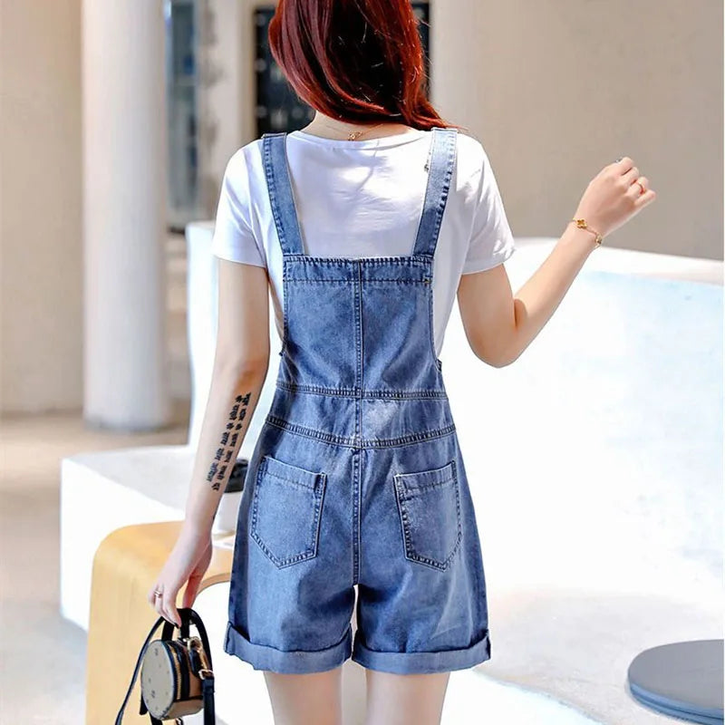 Salopette courte en jean coréen pour femme - Salopette en jean rétro décontractée avec poches et broderies - Pantalon d'été pour femme