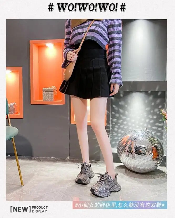 Luxury Women Bling Running Shoes Chunky Sneakers Fashion Casual Genuine Leather Breathable Height Increased Flat Platform Shoe