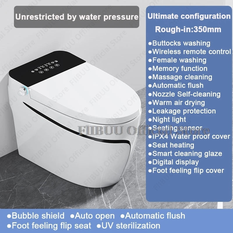 One Piece Elongated Smart Toilet Bidet Built-in Water Tank No Water Pressure Limit Display Screen AutoOpen AutoFlush Heated Seat