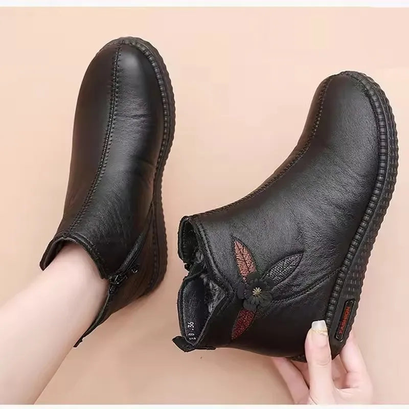 GKTINOO 2026 Winter Leather Women Ankle Boots Shoes Women Thick Plush Warm Casual Snow Boots Mother Waterproof Non-slip Booties