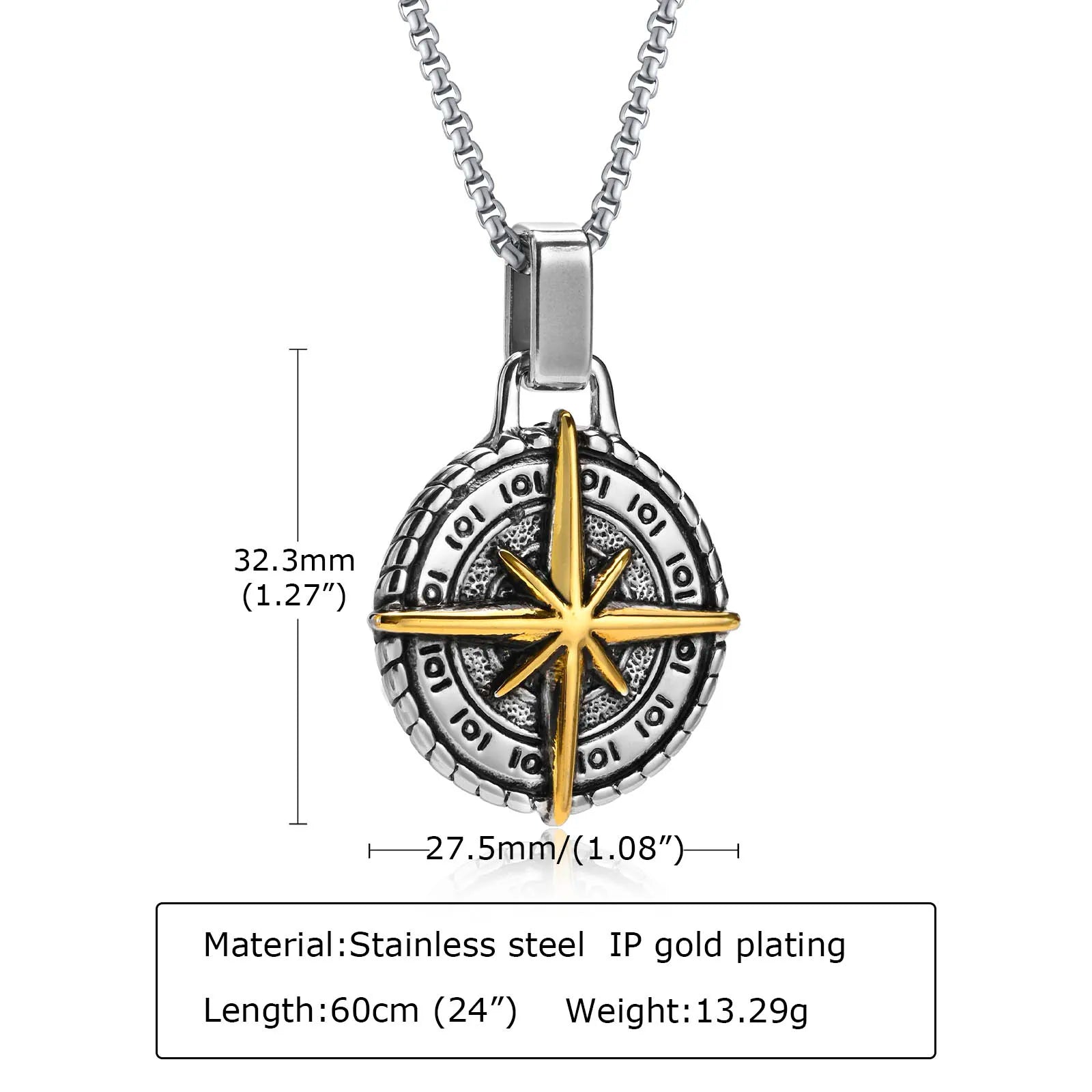 Vintage Compass Pendant Necklaces for Men Boys, Stainless Steel Coin Necklace, Rock Hiphop Collar Graduation Guide Gift