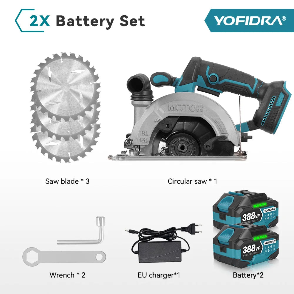 YOFIDRA Scie circulaire électrique sans balais 6 pouces, outil de coupe portatif pour bois et tuyaux en PVC avec profondeur de coupe de 55 mm, compatible batterie Makita