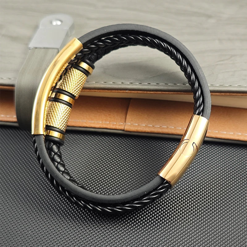 New Gold Beads Charm Men Bracelet Stainless Steel Magnetic Buckle Braided Mutilayer Leather Wrapped Bangles Women Jewelry Gift