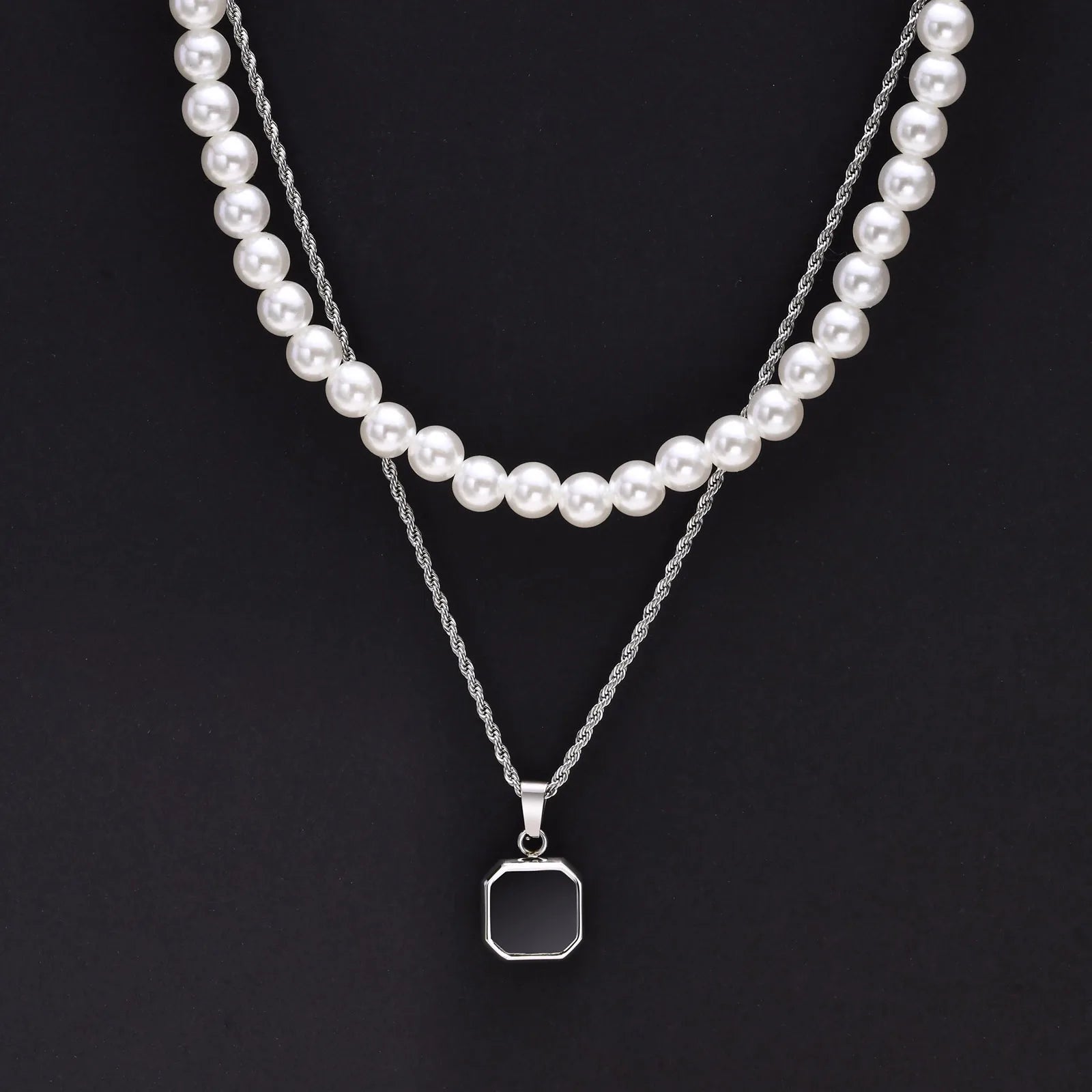 Vnox 2pcs Necklaces Set for Men, Geometric Square Pendant with 55cm Rope Box Cuban Chain, Simulated Pearl Chain Steel Collar