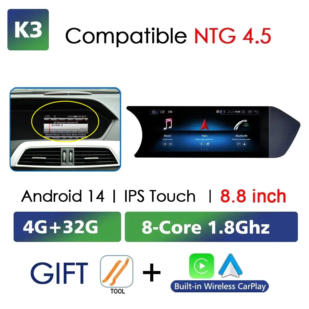 Android 14 Auto Radio Wireless Carplay For Mercedes C Class W204 2011-2014 Car Multimedia Player BT WIFI SIM Stereo GPS