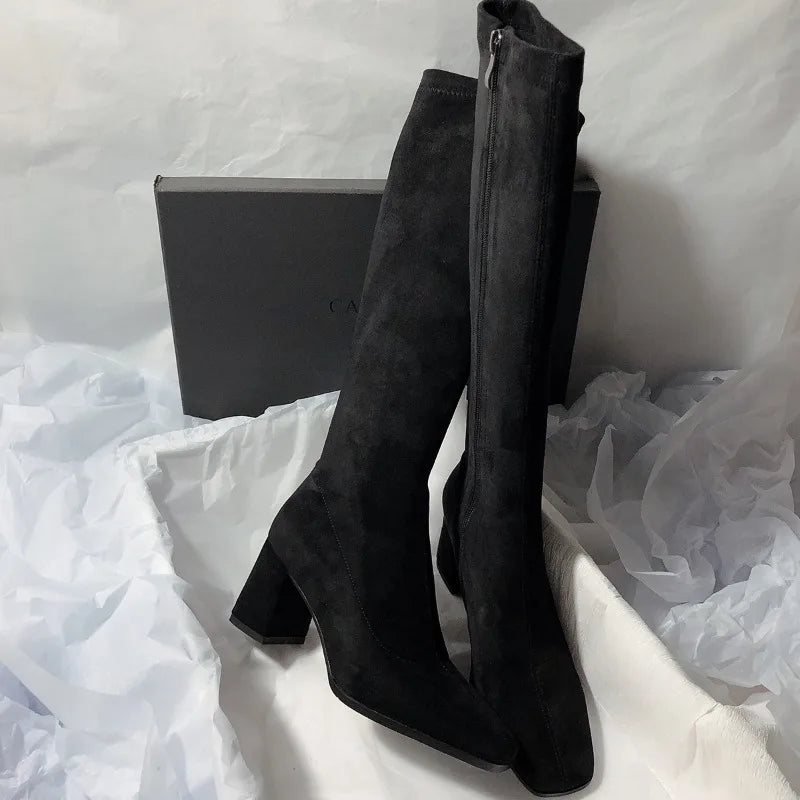 Square Toe Sexy High Heel Knee-high Boots2026 Autumn Luxury Brand Women's Warm Suede High Boots Walking Dress Slim Women's Boots