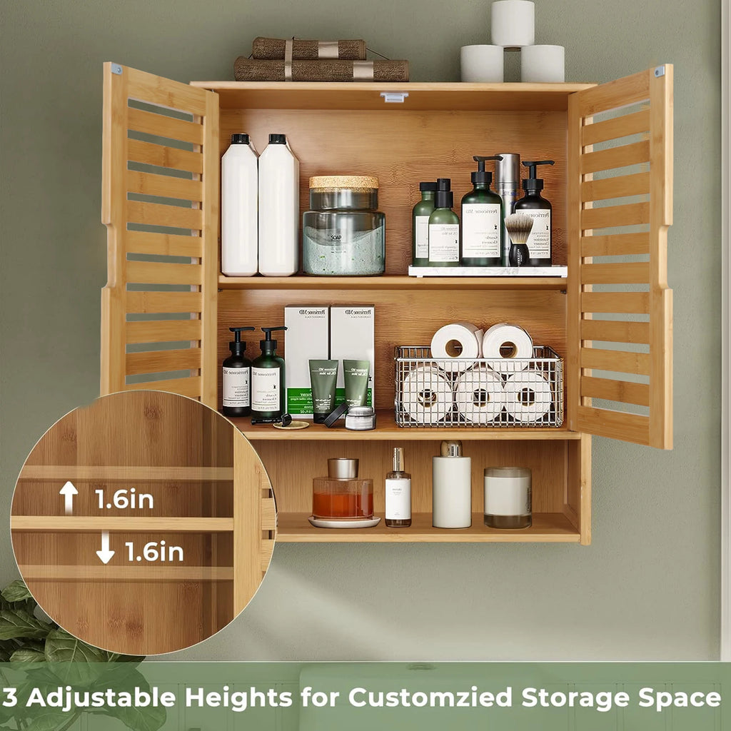 Meuble de Rangement Mural pour Salle de Bain Étagère de Rangement en Bambou Armoire à Pharmacie