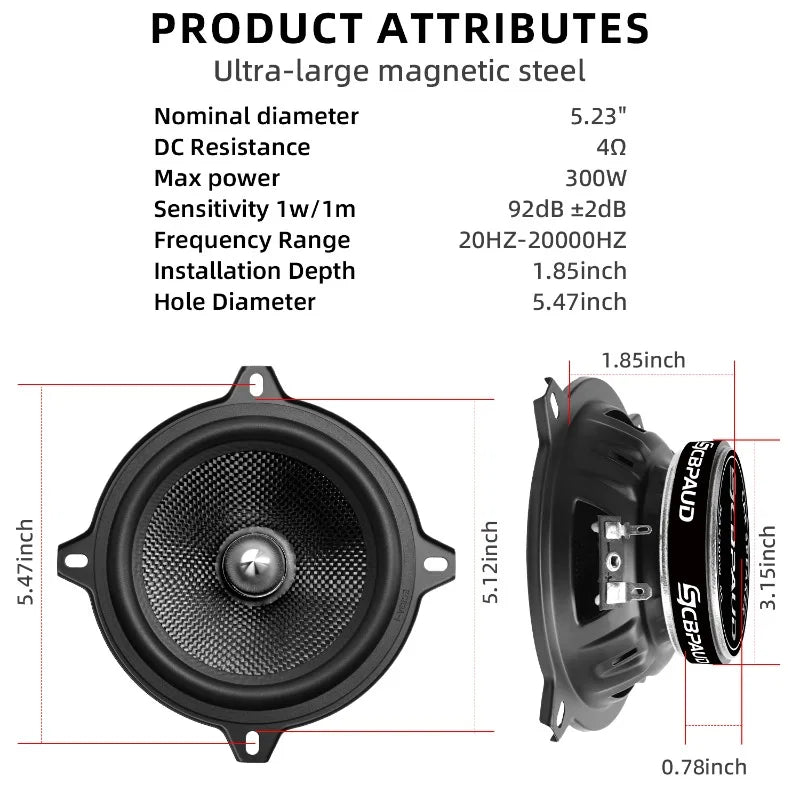2pcs 5.25 Inch Car Speakers 600W High Performance Carbon Fiber Cone Woofers Bullet Aluminum Basin For Clear Bass & Stereo Sound