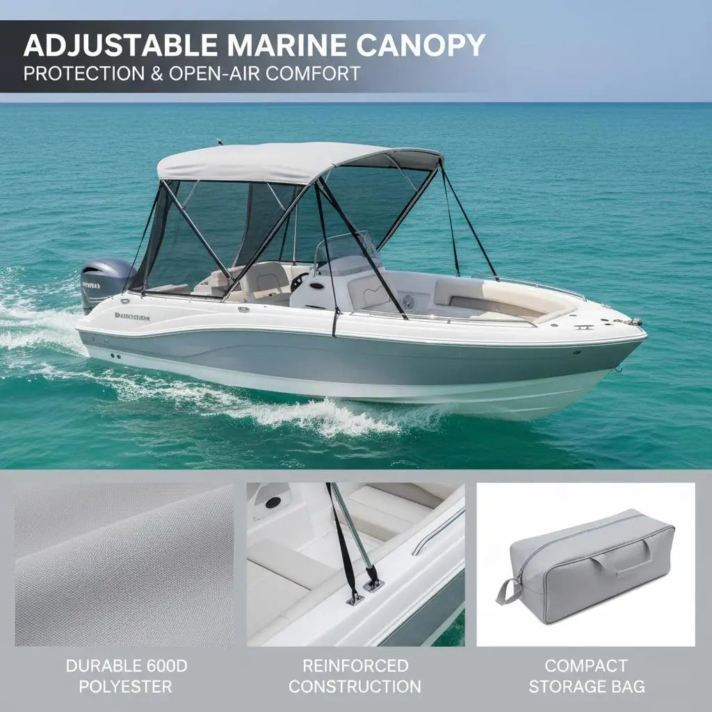 Bimini for 4-Beam Boat, Sun Tarp 243X137X231-244 Cm, Aluminum Frame 600D Polyester Canvas, Side Walls in