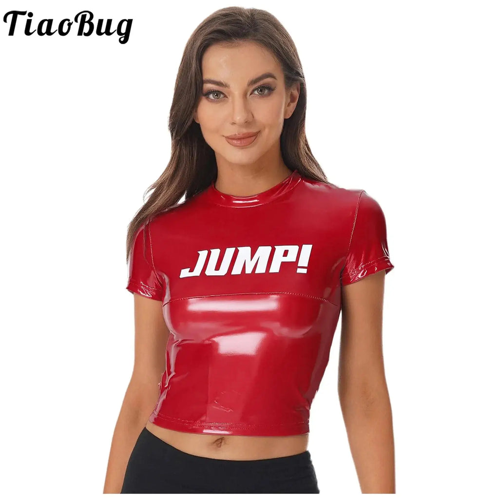 Haut court élégant et brillant à imprimé lettre pour femme, pour festival, fête, col rond, manches courtes, pull, chemise courte et ajustée pour club