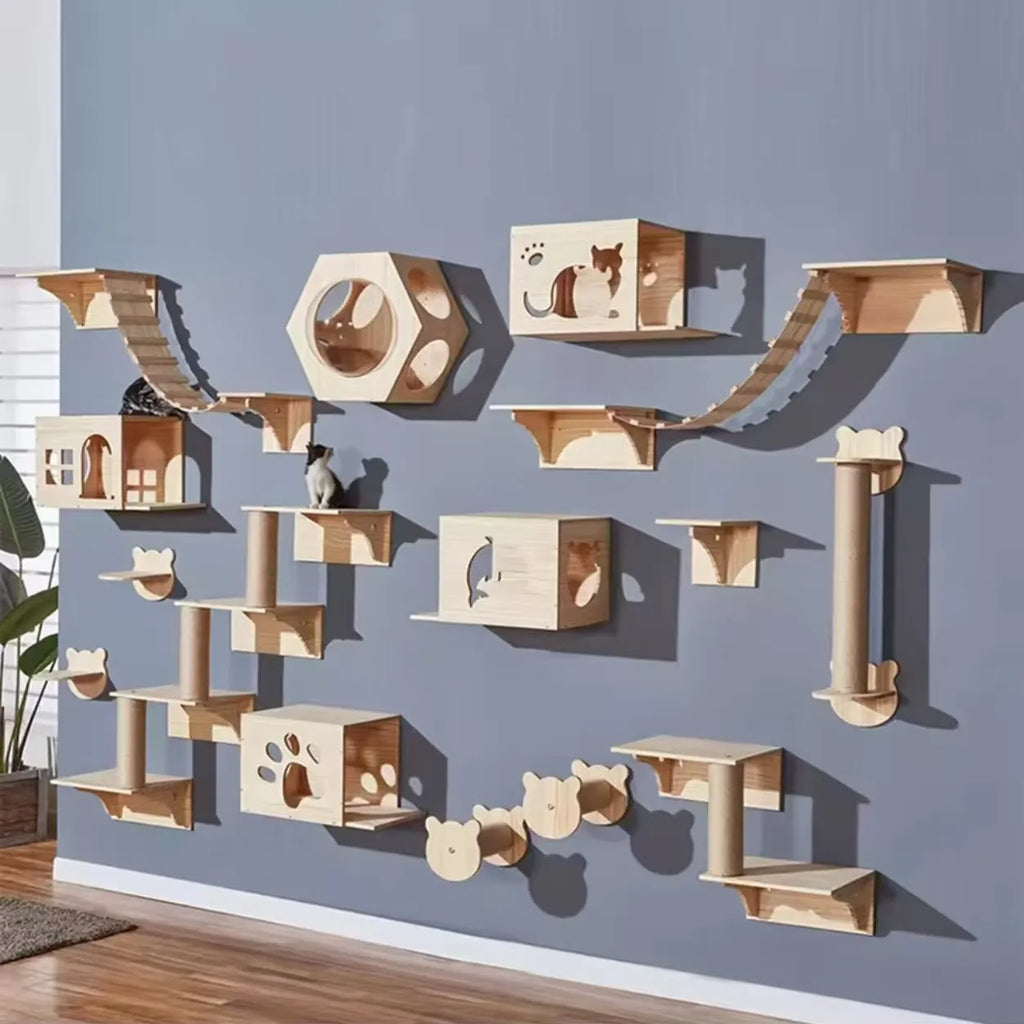Wall Mounted Cat Climbing Shelves Cat House Cat Bridge Cat Hammock with Scratching Post and Pedals or Stairway for Kittens