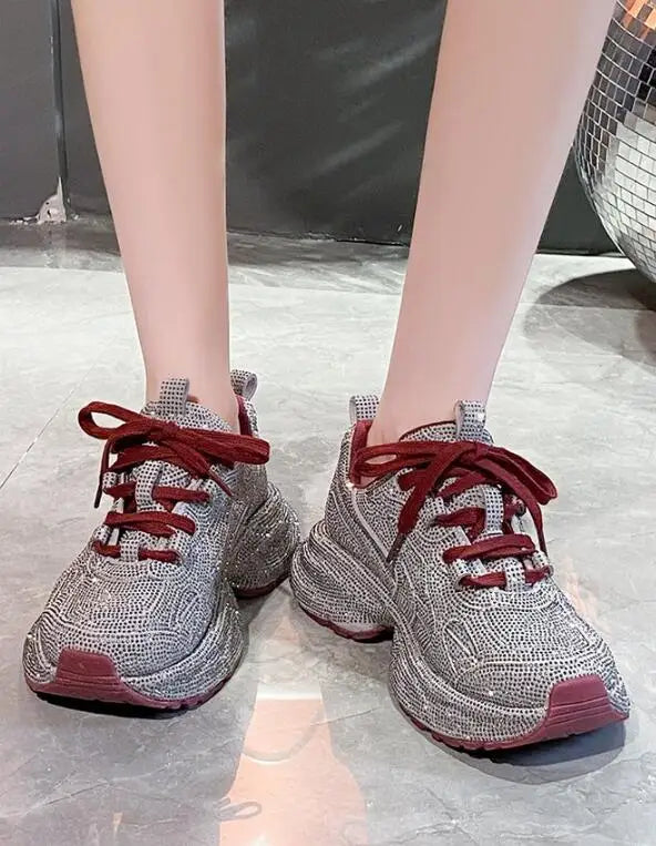 Luxury Women Bling Running Shoes Chunky Sneakers Fashion Casual Genuine Leather Breathable Height Increased Flat Platform Shoe