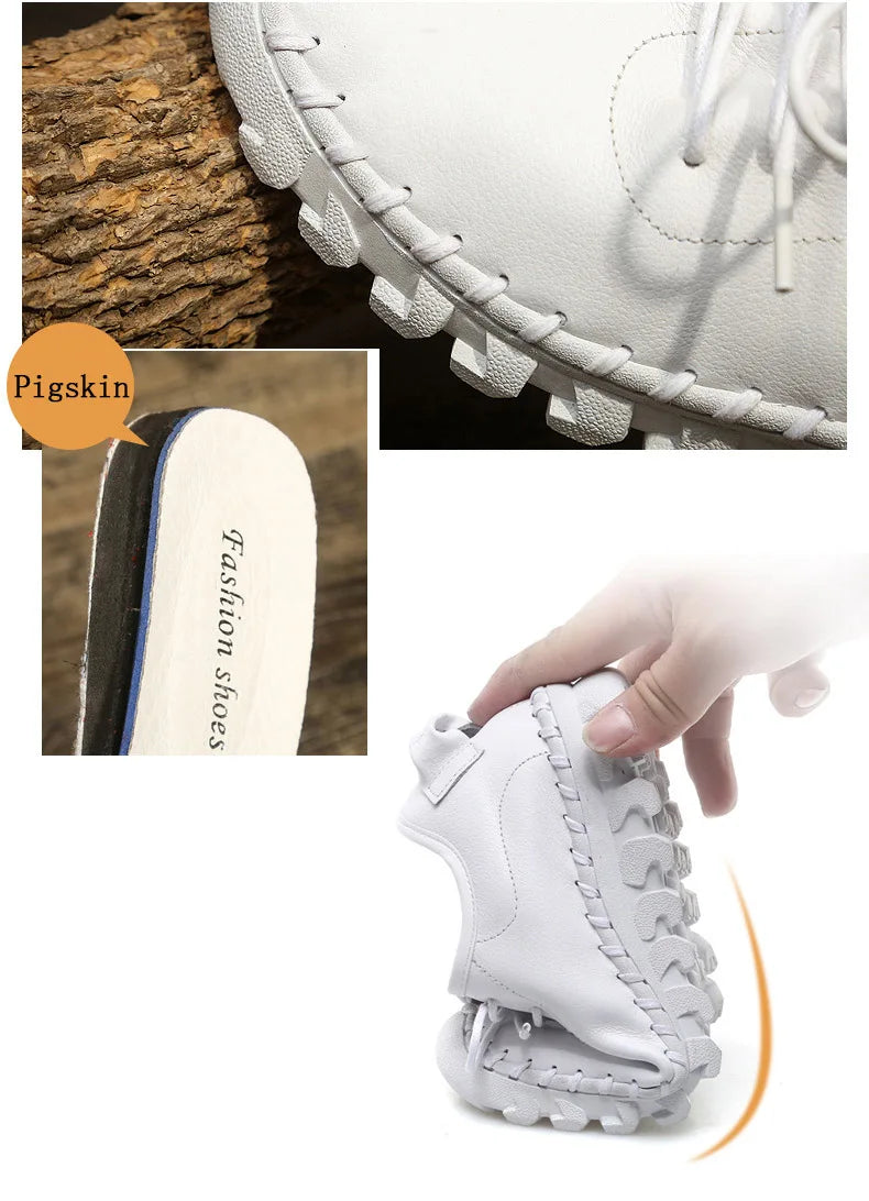 Handmade Genuine Leather Women Shoes Fashion Casual Sneakers Retro Flats Ladies Lacing Loafers Breathable Vulcanized Shoes